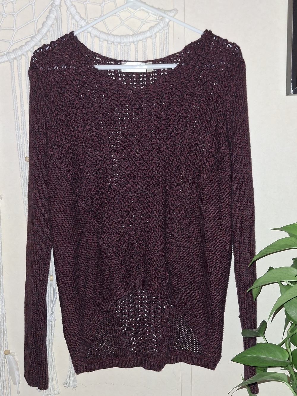 Women's Maroon Open-Knit Sweater